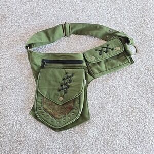 Lakhays Fannypack Waistbag Travel Utility Belt Green W/ Lace Accents Y2K Grunge